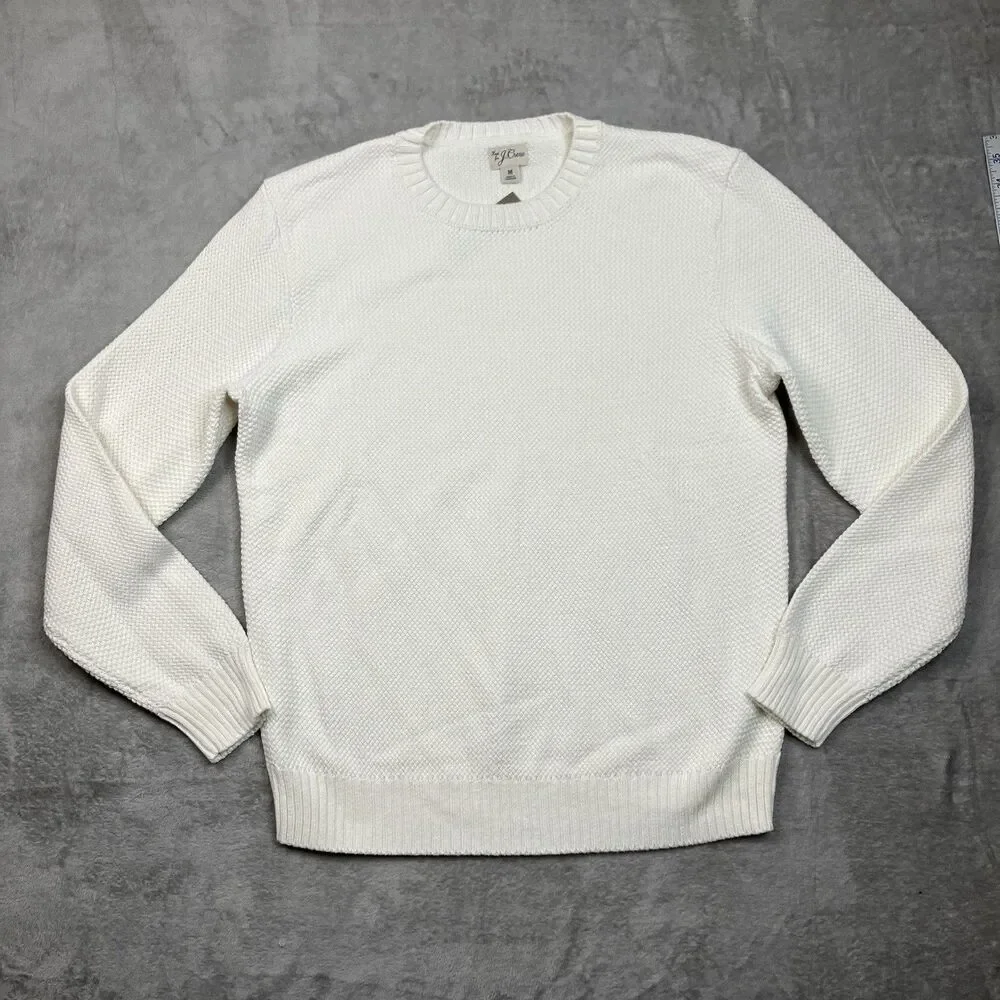 J Crew Sweater Mens M Ivory Crewneck Premium Basket-stitch Cotton Casual